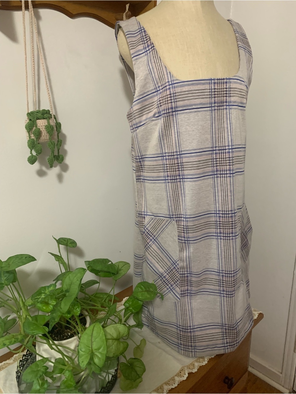 Altar’d State NWT Plaid Square-Neck Pinafore Dress in Light Gray, Blue & Pink L - Picture 5 of 16